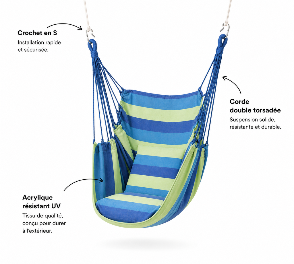 Chaise Suspendue Rayée, Corde Double, Sac Inclus