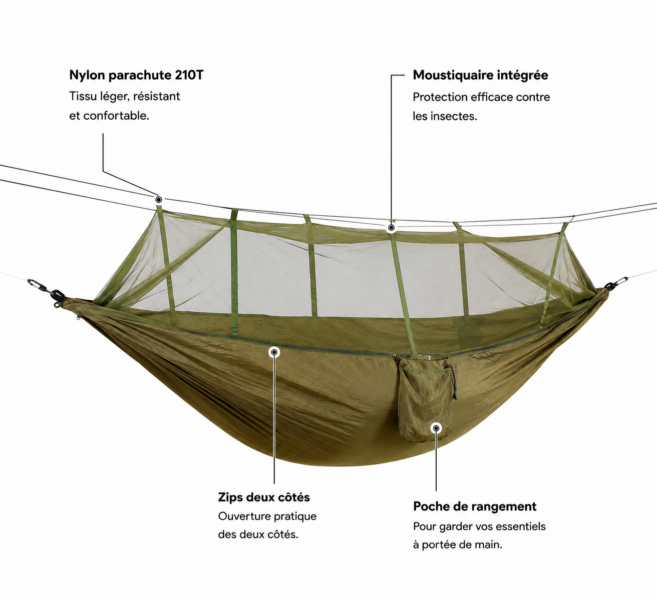 Hamac de Camping avec Moustiquaire, 2 Personnes, Kit Complet