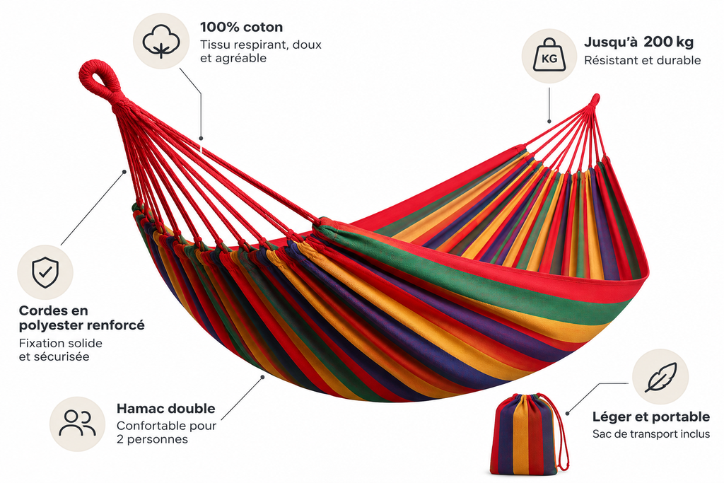 Hamac Double en Toile de Coton, Sangles d’Arbre Incluses | Kit Complet 2 Places