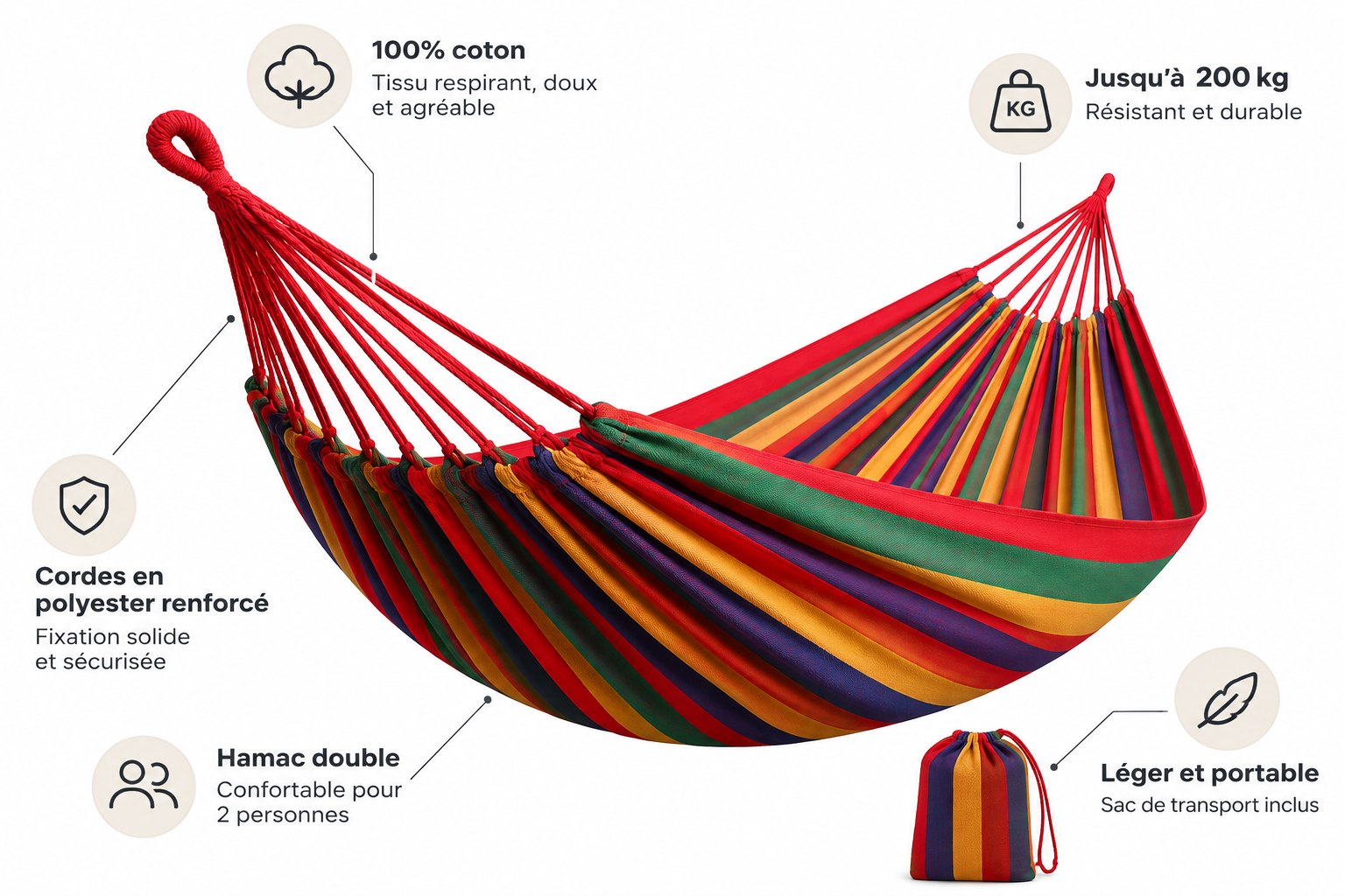 Hamac Double en Toile de Coton, Sangles d’Arbre Incluses | Kit Complet 2 Places