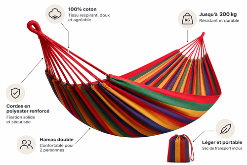Hamac Double en Toile de Coton, Sangles d’Arbre Incluses | Kit Complet 2 Places