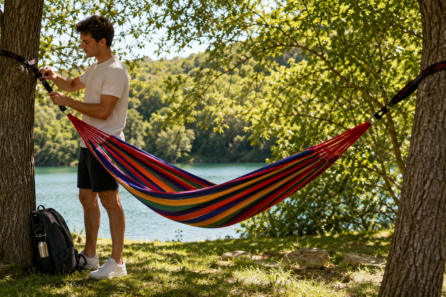 Hamac Double Suspendu avec Support en Acier – Confort Extérieur Multicolore