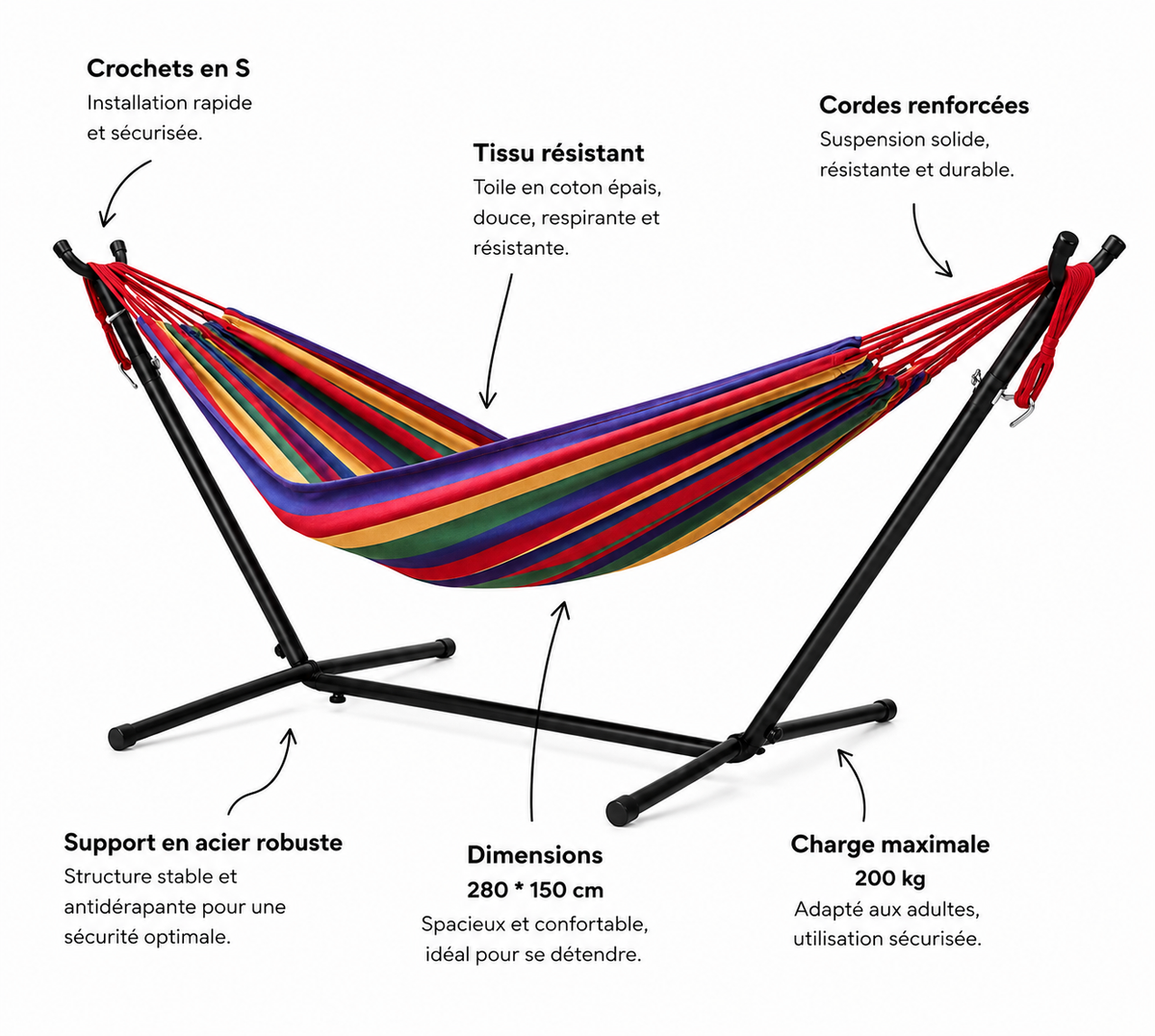 Hamac Double Suspendu avec Support en Acier – Confort Extérieur Multicolore