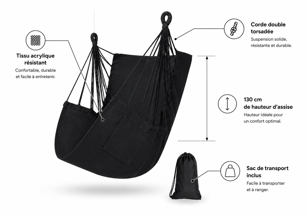 Fauteuil Suspendu en Tissu Tressé, Anti-Retournement | Sac de Rangement Inclus