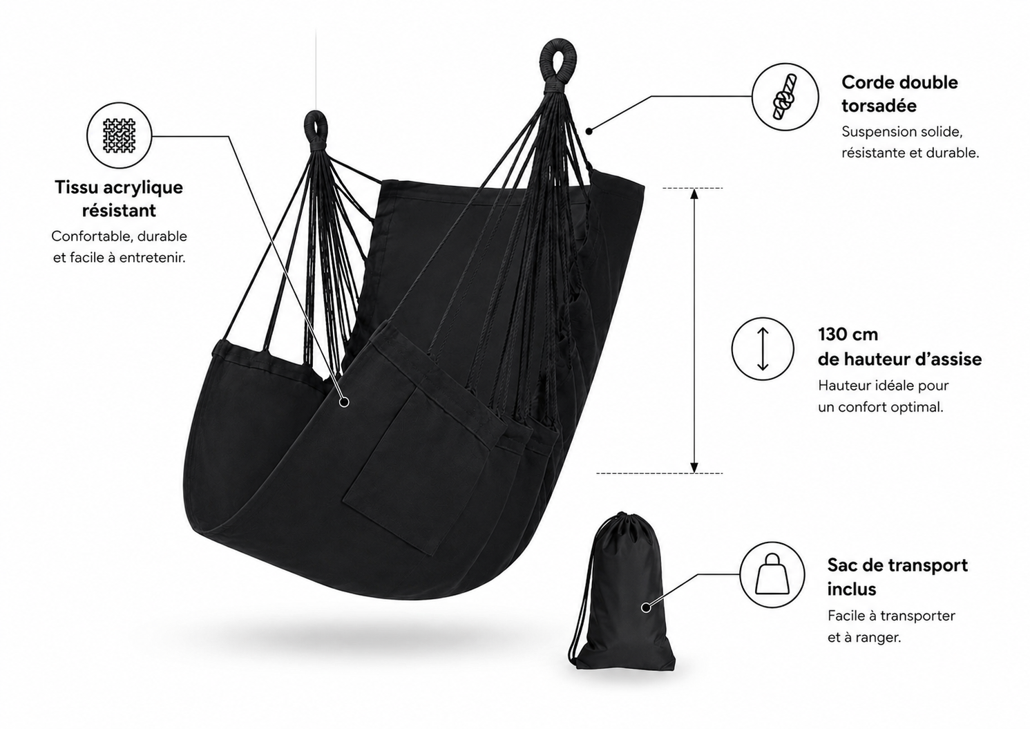 Fauteuil Suspendu en Tissu Tressé, Anti-Retournement | Sac de Rangement Inclus